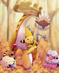 Rule 34 | absurdres, ampharos, animal focus, autumn leaves, closed eyes, commentary, creatures (company), eating, flaaffy, forest, game freak, gen 2 pokemon, highres, long neck, mareep, nature, nintendo, no humans, pokemon, pokemon (creature), raging bolt, sheep, sitting, sunlight, symbol-only commentary, tail, tree, yu (pocketsun636)