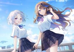 2girls airi_kanna ayatsuno_yuni blue_hair blue_sky brown_hair closed_mouth cloud collared_shirt floating_hair grey_hair hand_up ika_(4801055) long_hair multicolored_hair multiple_girls neck_ribbon outdoors parted_lips purple_hair ribbon school_uniform shirt shirt_tucked_in short_hair short_sleeves skirt sky smile standing stellive virtual_youtuber white_shirt