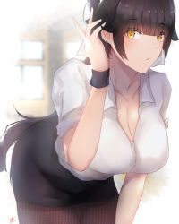 Rule 34 | 1girl, absurdres, alternate costume, azur lane, bad id, bad pixiv id, black hair, black skirt, bow, breasts, chiru (218mg), cleavage, dated, hair bow, hand in own hair, highres, large breasts, long hair, looking at viewer, miniskirt, office lady, pantyhose, shirt, short sleeves, skirt, solo, takao (azur lane), very long hair, white bow, white shirt, yellow eyes