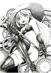Rule 34 | 1girl, absurdres, bandeau, earrings, elbow gloves, fangs, gears, gloves, harigane shinshi, hat, highres, jack-o&#039;-lantern, jewelry, long hair, millipen (medium), monochrome, original, pointy ears, solo, staff, thighhighs, traditional media, witch hat