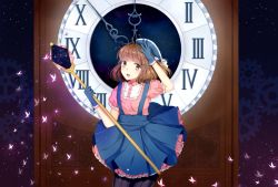 Rule 34 | 1girl, black pantyhose, blush, bonnet, brown hair, bug, butterfly, clock, clock tower, digits, frills, gears, gloves, hand in own hair, image sample, insect, maid, maid cap, naomachi, ornament, pantyhose, solo, tower, wand, yellow eyes