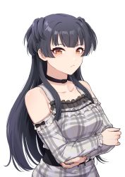 Rule 34 | 1girl, black choker, black hair, blunt bangs, blush, breasts, choker, collarbone, crossed arms, detached sleeves, dress, frown, highres, idolmaster, idolmaster shiny colors, kamille (vcx68), long hair, looking at viewer, mayuzumi fuyuko, medium breasts, plaid, plaid dress, simple background, sleeveless, sleeveless dress, solo, two side up, very long hair, white background
