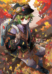 Rule 34 | 1boy, artist name, autumn, autumn leaves, backpack, bag, bloomminority, fantasy, gloves, goggles, goggles on head, goggles on headwear, green hair, highres, in tree, male focus, original, red eyes, short hair, sitting, sitting in tree, solo, steampunk, tree, twitter username