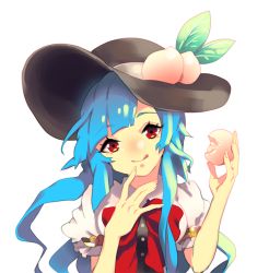 Rule 34 | 1girl, :q, bad id, bad pixiv id, blue hair, cheong ha, food, fruit, hat, hinanawi tenshi, long hair, peach, red eyes, solo, tongue, tongue out, touhou, white background