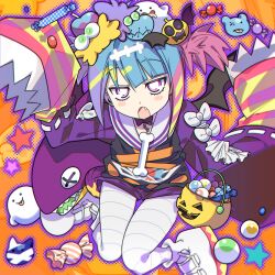 Rule 34 | 1girl, blue hair, blush stickers, bow, candy, cartoon bone, duel monster, fang, food, from above, halloween, halloween bucket, highres, jack-o&#039;-lantern, lil-la (yu-gi-oh!), live twin lil-la treat, looking at viewer, misaka (missa), multicolored hair, open mouth, pink hair, purple eyes, purple hair, shoes, short twintails, sleeves past fingers, sleeves past wrists, solo, twintails, yu-gi-oh!