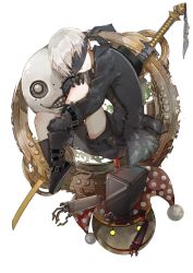 Rule 34 | 1boy, android, black blindfold, black footwear, black gloves, black jacket, black shorts, blindfold, boots, commentary, emil (nier), gears, gloves, hand on own knee, hat, highres, jacket, jester cap, hugging own legs, liuyujun12, long sleeves, nier (series), nier:automata, pod (nier:automata), robot, short hair, shorts, silver hair, simple background, smile, sword, teeth, weapon, white background, yellow eyes, 9s (nier:automata)