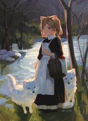 Rule 34 | 1girl, :/, animal ears, apron, artist name, backlighting, basket, black dress, blue eyes, brown hair, cat ears, dated, dog, dress, from side, full body, grass, highres, holding, holding basket, kofi-mo, long dress, long hair, long sleeves, looking at viewer, low-tied long hair, original, outdoors, river, signature, sketch, solo, standing, tree, white apron