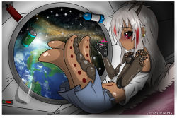 Rule 34 | absurdres, antenna hair, arthropod girl, breasts, colored sclera, cpt.tester works, ear piercing, earrings, earth (planet), exoskeleton, floating, floating object, galaxy, grey sclera, highres, jewelry, long hair, nebula, peaches (cpt.tester), piercing, planet, red eyes, shell, skirt, small breasts, space, spacecraft, tank top, tattoo, white hair, zero gravity