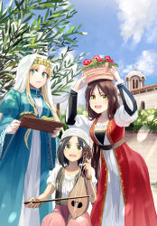 Rule 34 | 3girls, :d, aege-kai wo wataru hana-tachi, arms up, balancing, balancing on head, bead necklace, beads, black hair, blonde hair, blue dress, blue eyes, blue sky, breasts, brown hair, coin (ornament), cross, day, dress, flower, food, green eyes, head chain, headdress, highres, hinoshita akame, holding, holding instrument, instrument, instrument request, jewelry, juliet sleeves, leaning forward, long hair, long sleeves, looking at viewer, multiple girls, music, necklace, object on head, open mouth, outdoors, pants, plant, planter, potted plant, puffy sleeves, red flower, shirt, short hair, sitting, sky, smile, standing, traditional clothes, tray, veil, vest, white shirt