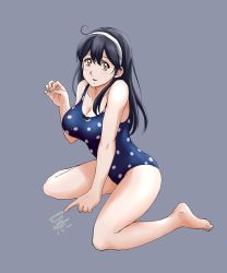 Rule 34 | 10s, 1girl, black hair, blue one-piece swimsuit, breasts, character name, cleavage, grey background, headband, highres, kantai collection, kneeling, large breasts, long hair, looking at viewer, one-piece swimsuit, polka dot, polka dot swimsuit, simple background, sitting, solo, sozan, swimsuit, ushio (kancolle)