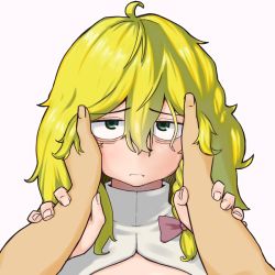 Rule 34 | 1girl, 1other, ahoge, bad id, bad twitter id, bags under eyes, blonde hair, bow, braid, cleavage cutout, closed mouth, clothing cutout, commentary request, cookie (touhou), cowboy shot, expressionless, green eyes, hair between eyes, hair bow, hand in another&#039;s hair, highres, holding another&#039;s wrist, kirisame marisa, long hair, looking at viewer, mars (cookie), ohasi, pov, pov hands, purple bow, shirt, side braid, simple background, single braid, solo focus, touhou, white background, white shirt