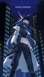 Rule 34 | 1girl, absurdres, bare shoulders, baseball cap, black gloves, black hat, black pants, black shirt, blue archive, blue eyes, blue hair, city, coat, commentary request, crop top, feet out of frame, gloves, gun, hat, highres, holding, holding gun, holding weapon, long hair, long sleeves, looking at viewer, mask, midriff, mouth mask, navel, night, night sky, open clothes, open coat, outdoors, pants, rifle, saori (blue archive), shirt, sky, sleeveless, sleeveless shirt, solo, standing, star (sky), starry sky, stomach, sugarplus, very long hair, weapon, white coat
