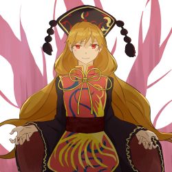 Rule 34 | 1girl, black dress, blonde hair, chinese clothes, cowboy shot, crescent, dress, energy, fox tail, hat, hsin, junko (touhou), long hair, long sleeves, looking at viewer, multiple tails, red eyes, sash, smile, solo, tabard, tail, touhou, wide sleeves