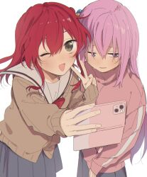Rule 34 | 2girls, absurdres, blue eyes, blush, bocchi the rock!, bow, cardigan, cellphone, cube hair ornament, embarrassed, gotoh hitori, green eyes, grey skirt, hair between eyes, hair ornament, highres, holding, holding phone, jacket, kita ikuyo, long hair, long sleeves, looking at viewer, looking away, multiple girls, one eye closed, one side up, open mouth, phone, pink hair, pink jacket, pleated skirt, ran (qomedd), red bow, red hair, sailor collar, school uniform, selfie, shy, simple background, skirt, smartphone, smartphone case, smile, track jacket, v, white background, white sailor collar