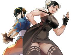Rule 34 | 2girls, absurdres, back-to-back, black dress, black hair, blush, bracelet, breasts, bun cover, capcom, china dress, chinese clothes, chun-li, cosplay, costume switch, double bun, dress, earrings, gold earrings, gold hairband, hair bun, hair horns, hairband, highres, jewelry, large breasts, long hair, meke (77842928), multiple girls, muscular, red eyes, short hair, spiked bracelet, spikes, spy x family, street fighter, street fighter 6, two-sided dress, two-sided fabric, yor briar