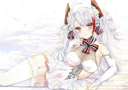 Rule 34 | 1girl, antenna hair, azur lane, blush, breasts, bridal gauntlets, bridal veil, dress, finger to mouth, garter straps, gloves, headgear, highres, large breasts, long hair, looking at viewer, lying, mole, mole on breast, multicolored hair, on side, parted lips, prinz eugen (azur lane), prinz eugen (symphonic fate) (azur lane), silver hair, smile, solo, two side up, veil, very long hair, wedding dress, white dress, yukineko1018