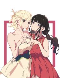 Rule 34 | 2girls, absurdres, atenaba, bare shoulders, black bow, black eyes, black hair, black nails, blonde hair, bow, breasts, brown eyes, closed mouth, collarbone, commentary, dot mouth, dress, hand on another&#039;s hip, heart, heart hands, heart hands duo, highres, inoue takina, large breasts, long hair, low twintails, lycoris recoil, multiple girls, nail polish, nishikigi chisato, red dress, red nails, short dress, short hair, sleeveless, sleeveless dress, strapless, strapless dress, twintails, white background, white dress, yuri