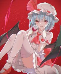 Rule 34 | 1girl, ambiguous red liquid, arms up, ascot, bat wings, blouse, blue hair, blurry, blurry foreground, commentary request, cup, drinking glass, fingers to chin, foot out of frame, hair between eyes, hand on own chin, hat, hat ribbon, highres, holding, holding cup, iyo (ya na kanji), light particles, looking at viewer, mary janes, mob cap, open mouth, petticoat, pink hat, pink shirt, pink skirt, pink thighhighs, puffy short sleeves, puffy sleeves, reclining, red ascot, red background, red eyes, red footwear, remilia scarlet, ribbon, shirt, shoes, short hair, short sleeves, simple background, sitting, skirt, smile, solo, thighhighs, touhou, wine glass, wings, wrist cuffs