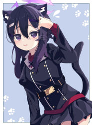 Rule 34 | 1girl, animal ears, belt, black belt, black jacket, black skirt, blue archive, blue background, border, cat ears, cat tail, collared shirt, flying sweatdrops, hair between eyes, hair ornament, hairclip, halo, hand in own hair, haruka (blue archive), highres, jacket, kemonomimi mode, layered clothes, light blush, long sleeves, nemu no1, parted lips, paw print, pleated skirt, purple eyes, purple hair, red shirt, shirt, simple background, skirt, solo, tail, upper body, whiskers