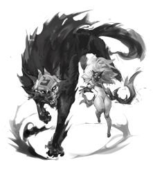 Rule 34 | 1girl, body fur, bow (weapon), furry, furry female, greyscale, highres, holding, holding bow (weapon), holding weapon, horns, kindred (league of legends), lamb (league of legends), league of legends, long hair, looking at viewer, mask, monochrome, tuxedo de cat, weapon, wolf (league of legends)