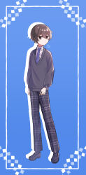 Rule 34 | 1boy, absurdres, akuma shitsuji to kuroi neko, black footwear, blue background, blue necktie, brown eyes, brown hair, closed mouth, collared shirt, full body, grey sweater, highres, loafers, long sleeves, male focus, master (akuma shitsuji to kuroi neko), multicolored background, necktie, pants, plaid, plaid pants, school uniform, shirt, shoes, solo, sumino iro, sweater, white background, white shirt