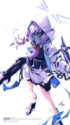 Rule 34 | 1girl, arikanrobo, atsuko (blue archive), belt pouch, blue archive, bow, braid, cz scorpion evo 3, frilled socks, frills, gas mask, gun, hair bow, halo, highres, holding, holding gun, holding weapon, holster, hood, hooded jacket, jacket, long hair, low twin braids, mask, pouch, purple hair, socks, solo, submachine gun, thigh holster, twin braids, twitter username, weapon, white hood, white socks, yellow bow