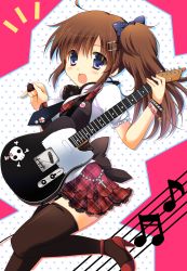 Rule 34 | 1girl, black thighhighs, blue bow, blue eyes, bow, brown hair, cross, frilled skirt, frills, guitar, hair bow, highres, holding, instrument, long hair, open mouth, original, pokopi, side ponytail, skirt, solo, thighhighs