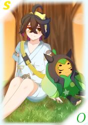 Rule 34 | 1boy, absurdres, against tree, ahoge, arms at sides, artist request, backpack, bag, black hair, child, closed eyes, collarbone, colored inner hair, creatures (company), crossed bangs, game freak, gen 9 pokemon, good end, grass, hair between eyes, hairband, happy, highres, huge filesize, japanese clothes, jinbei (clothes), kieran (pokemon), knees to chest, knees up, legs, legs together, light blush, looking at another, male focus, medium hair, mole, mole on neck, multicolored hair, nature, neck, nintendo, official alternate costume, ogerpon, outdoors, pokemon, pokemon sv, purple hair, short sleeves, shorts, sidelocks, sitting, size difference, sky, sleeping, smile, thighs, traditional clothes, tree, twilight, two-tone hair, wide sleeves, yellow bag, yellow eyes, yellow hairband