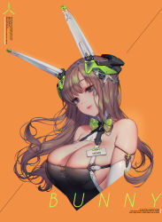 Rule 34 | 1girl, bare shoulders, blush, bow, bowtie, breasts, brown hair, cleavage, cropped torso, english text, green bow, green bowtie, head tilt, headgear, highres, large breasts, long hair, looking at viewer, love cacao, lyrics, mole, mole on breast, orange background, original, parted lips, purple eyes, sidelocks, simple background, solo