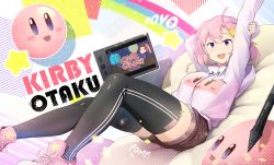 Rule 34 | 1girl, ahoge, arms up, bed sheet, black thighhighs, blue eyes, blush, breasts, drawing tablet, game grumps, hair between eyes, hair ornament, highres, kirby, kirby&#039;s dream land, kirby (series), kirby otaku, large breasts, looking at viewer, lying, nintendo, on back, open mouth, pink eyes, pink footwear, pink hair, pink sweater, pomf, rainbow, shoes, short hair, short shorts, shorts, sinensian, smile, sneakers, solo, star (symbol), star hair ornament, stylus, sweater, thighhighs, zettai ryouiki