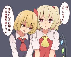 Rule 34 | 2girls, ascot, black vest, blonde hair, empty eyes, flandre scarlet, highres, multiple girls, open mouth, partially translated, puffy short sleeves, puffy sleeves, red ascot, red eyes, red vest, rumia, shirt, short hair, short sleeves, side ponytail, suwaneko, sweat, touhou, translation request, upper body, vest, white shirt, wings, yellow ascot