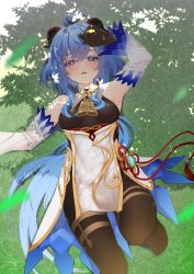Rule 34 | 1girl, absurdres, ahoge, armpits, arms up, bare shoulders, bell, black gloves, black legwear, blue hair, blush, breasts, chinese knot, detached sleeves, flower knot, ganyu (genshin impact), genshin impact, gloves, gluteal fold, gold trim, grass, hand on own face, highres, knee up, long hair, looking at viewer, lying, medium breasts, neck bell, nigo (aozoragarou), no shoes, on back, outdoors, parted lips, pelvic curtain, purple eyes, red rope, rope, sidelocks, solo, tassel, thighlet, thighs, tree shade, vision (genshin impact), waist cape, white sleeves