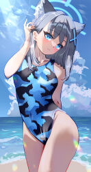 Rule 34 | 1girl, absurdres, alternate costume, animal ear fluff, animal ears, blue archive, blue eyes, blue one-piece swimsuit, blue sky, breasts, camouflage, cloud, competition swimsuit, covered navel, cross hair ornament, day, extra ears, grey hair, hair ornament, halo, highres, medium breasts, medium hair, mismatched pupils, multicolored clothes, multicolored swimsuit, one-piece swimsuit, outdoors, shiroko (blue archive), sky, solo, swimsuit, taka (illustratortaka), wolf ears