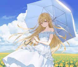 Rule 34 | 1girl, bare shoulders, blonde hair, blue sky, character request, cloud, commentary, commission, copyright request, day, dress, earrings, flower, grey eyes, highres, holding, holding umbrella, jewelry, kitada mo, long hair, looking at viewer, off-shoulder dress, off shoulder, sky, smile, solo, umbrella, very long hair, white dress, white umbrella, yellow flower