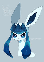 Rule 34 | animal focus, artist name, blue eyes, blue hair, blue theme, bright pupils, closed mouth, creatures (company), expressionless, game freak, gen 4 pokemon, glaceon, grey background, long hair, looking at viewer, multiple views, nintendo, no humans, pokemon, pokemon (creature), shira (sirairo116), sidelocks, signature, simple background, twintails, twitter username, upper body, white pupils