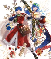 Rule 34 | 1boy, 1girl, alternate costume, arrow (projectile), bag, bell, black footwear, blue eyes, blue hair, boots, bow, bow (weapon), box, brother and sister, cape, christmas, christmas ornaments, closed eyes, earrings, elice (fire emblem), elice (winter) (fire emblem), fingerless gloves, fire emblem, fire emblem: mystery of the emblem, fire emblem heroes, full body, fur trim, gift, gloves, highres, holding, holding bow (weapon), holding weapon, jewelry, leaf, long hair, marth (fire emblem), marth (winter) (fire emblem), matching hair/eyes, mayo (becky2006), nintendo, official art, open mouth, ribbon, satchel, short hair, siblings, smile, sparkle, teeth, tiara, transparent background, weapon