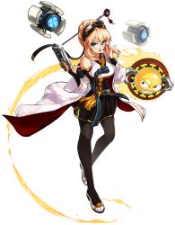 Rule 34 | 1girl, absurdres, adjusting eyewear, aqua eyes, bare shoulders, belt, black skirt, blonde hair, blue ribbon, bridal gauntlets, cape, clenched teeth, detached sleeves, dress, elsword, eyebrows, female gunner (dungeon and fighter), fire, fire, full body, glasses, goggles, goggles on head, gun, hair intakes, hair net, hair ornament, handgun, high heels, highres, holding, holding gun, holding weapon, jewelry, looking at viewer, metal heart (elsword), official art, open mouth, pantyhose, pet, pistol, ress, ribbon, ring, robot, rose (elsword), shoes, skirt, solo, standing, teeth, transparent background, weapon, wide sleeves