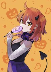 Rule 34 | 1girl, :o, ahoge, alternate costume, artist name, bandaged arm, bandages, black horns, black shirt, blush, breasts, candy, cleavage, commentary, demon horns, demon tail, fake horns, fake tail, fate/grand order, fate (series), food, fujimaru ritsuka (female), halloween, halloween costume, highres, holding, holding candy, holding food, horns, lollipop, looking at viewer, matsui haru, medium breasts, orange hair, purple skirt, shirt, short hair, side ponytail, skirt, sleeveless, sleeveless shirt, solo, tail, yellow background, yellow eyes