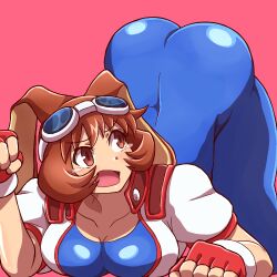 Rule 34 | 1girl, animal ears, ass, bent over, blue unitard, blush, bob cut, breasts, brown eyes, brown hair, cleavage, commentary request, fingerless gloves, gloves, goggles, goggles on head, hand up, jacket, large breasts, lowres, makihara arina, nobuyu (77yusei), open mouth, rabbit ears, short hair, simple background, solo, tears, waku waku 7, white jacket