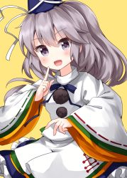Rule 34 | 1girl, black ribbon, blue hat, blue skirt, cowboy shot, frilled skirt, frills, green ribbon, grey eyes, grey hair, hair between eyes, hat, hat ribbon, highres, index finger raised, japanese clothes, kataginu, long hair, long sleeves, looking at viewer, mononobe no futo, neck ribbon, open mouth, pom pom (clothes), ponytail, red ribbon, ribbon, ribbon-trimmed sleeves, ribbon trim, ruu (tksymkw), simple background, skirt, sleeves past wrists, smile, solo, standing, tate eboshi, touhou, v-shaped eyebrows, white ribbon, wide sleeves, yellow background