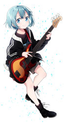 Rule 34 | 1girl, absurdres, alternate costume, ankle boots, ayumaru (art of life), bare legs, black footwear, black jacket, black shirt, blue eyes, blue hair, boots, closed mouth, colored eyelashes, cross-laced footwear, dot nose, double vertical stripe, electric guitar, facing viewer, fingernails, flat chest, full body, glitch, grey shorts, guitar, hair between eyes, highres, instrument, jacket, knee up, light blush, light particles, mahou shoujo madoka magica, mahou shoujo madoka magica (anime), miki sayaka, open clothes, open jacket, shirt, short hair, shorts, sideways glance, simple background, solo, star (symbol), star print, white background