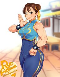 Rule 34 | 1girl, abs, agawa ryou, alternate costume, artist name, bad id, bad tumblr id, bare arms, bare shoulders, bodysuit, bracelet, breasts, brown eyes, brown hair, capcom, chun-li, covered navel, curvy, double bun, female focus, hair bun, hand on own hip, hip focus, jewelry, looking at viewer, medium breasts, muscular, muscular female, outdoors, short hair, signature, sleeveless, sleeveless bodysuit, smile, solo, spiked bracelet, spikes, standing, street fighter, thick thighs, thighs, toned, wide hips
