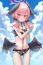 Rule 34 | 1girl, absurdres, black bow, black wings, blue archive, blue sky, blush, bow, breasts, closed mouth, cloud, cloudy sky, crossed arms, day, feathered wings, hae zu, hair bow, highres, koharu (blue archive), koharu (swimsuit) (blue archive), long hair, looking at viewer, low wings, outdoors, pink eyes, pink hair, sky, small breasts, solo, standing, swimsuit, wings