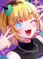 Rule 34 | 1girl, :3, ;d, ahoge, blonde hair, blue eyes, blunt bangs, blush, brown hair, clothing cutout, double w, earrings, fang, fingernails, floral print, highres, hoop earrings, horns, jewelry, looking at viewer, mem-cho, multicolored hair, multiple necklaces, multiple rings, nail polish, necklace, one eye closed, open mouth, oshi no ko, portrait, red nails, ring, roots (hair), short hair, shoulder cutout, signature, smile, solo, sparkle, star-shaped pupils, star (symbol), symbol-shaped pupils, turtleneck, v over eye, w, w over eye, yume kawa yume