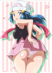 Rule 34 | 1girl, alternate color, ass, bare shoulders, beanie, blue eyes, blue hair, blush, breasts, creatures (company), dawn (pokemon), from behind, game freak, hat, long hair, looking at viewer, medium breasts, miniskirt, nintendo, open mouth, panties, pokemon, pokemon dppt, scarf, shiny clothes, shiny skin, sideboob, skirt, solo, underwear, washizuka shou
