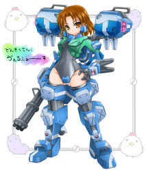 Rule 34 | 1girl, black one-piece swimsuit, black thighhighs, brown eyes, brown hair, crotch plate, densou tenshi valforce, full body, gatling gun, gun, hand on own hip, headgear, highres, karukan (monjya), mecha musume, mechanical arms, missile, one-piece swimsuit, short hair, smile, solo, standing, swimsuit, thighhighs, translation request, tsukikage ayaka, weapon