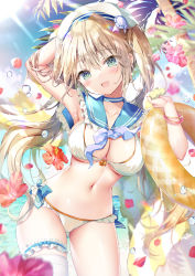 Rule 34 | 1girl, :d, absurdres, arm up, armpits, bikini, blue eyes, blurry, blush, bracelet, breasts, bridal garter, choker, cleavage, collarbone, commentary request, day, depth of field, flower, hibiscus, highres, holding, holding swim ring, innertube, jewelry, kino (kino konomi), light brown hair, long hair, looking at viewer, medium breasts, navel, open mouth, original, outdoors, palm tree, sailor bikini, sailor collar, sky, smile, solo, standing, stomach, summer, sunlight, swim ring, swimsuit, tree, very long hair, water drop, white bikini, white headwear