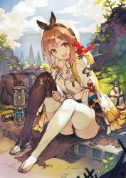 Rule 34 | 1girl, atelier (series), atelier ryza, atelier ryza 1, belt, bird, boots, breasts, bridal legwear, bright pupils, brown eyes, brown hair, brown thighhighs, cleavage, clothing cutout, dressing, hat, highres, holster, hood, hooded vest, hoodie, jewelry, leather, leather belt, looking at another, looking at viewer, medium breasts, necklace, official art, open mouth, red shorts, reisalin stout, short hair, short shorts, shorts, shoulder cutout, sitting, smile, solo, star (symbol), star necklace, thigh boots, thighhighs, thighhighs under boots, toeless footwear, toeless legwear, toridamono, vest, white thighhighs
