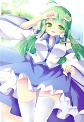 Rule 34 | 1girl, blue sky, breasts, clothes lift, day, detached sleeves, frog hair ornament, green eyes, green hair, hair ornament, hair tubes, hiyokodou, kochiya sanae, long hair, matching hair/eyes, medium breasts, open mouth, skirt, skirt lift, sky, snake hair ornament, solo, thighhighs, touhou, tree, white thighhighs