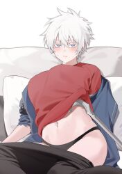 Rule 34 | 1girl, bechu, black panties, black pants, blue eyes, blue jacket, blush, breasts, closed mouth, clothes lift, clothes pull, devil may cry (series), genderswap, genderswap (mtf), hair between eyes, highres, jacket, large breasts, navel piercing, nero (devil may cry), open clothes, open jacket, panties, pants, pants pull, piercing, pillow, red shirt, shirt, short hair, simple background, sitting, solo, sweat, underwear, white background, white hair